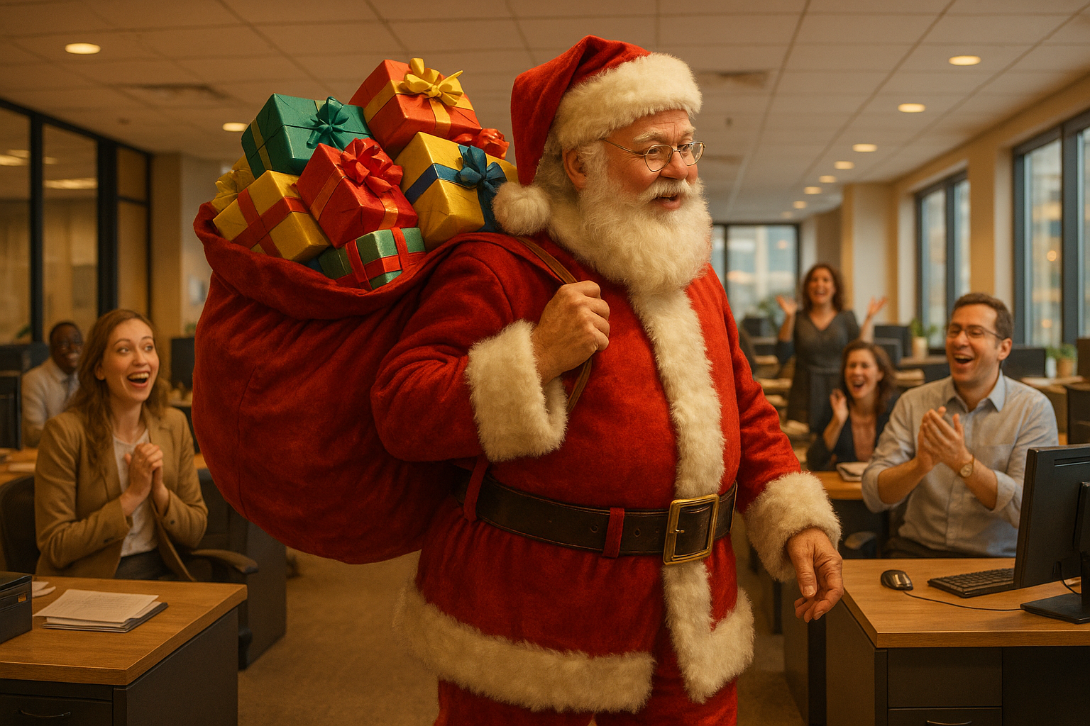 santa clause bringing gifts in office